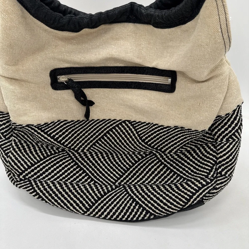Meissi Genuine Pig Leather & Linen Hobo Shoulder Bag Black Cream‎ Woven Purse